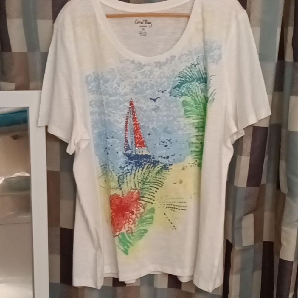 FINAL PRICE NWT Coral Bay woman, blue green yellow & orange short t-shirt Sz 2X